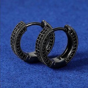 Mens 2ct Black Diamond Round Hoop Earrings Guys Rhodium Silver Jewelry Studs ct